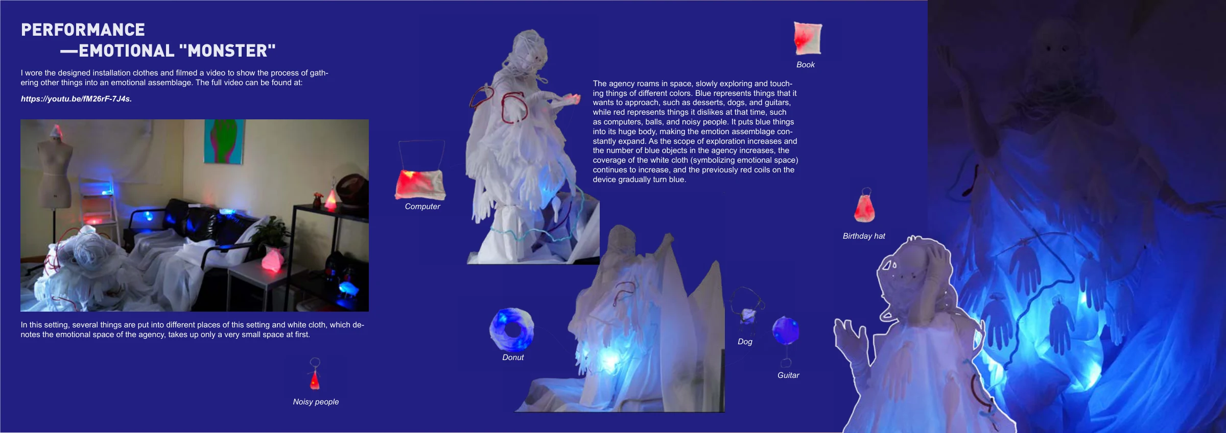 The Emotional Monster performance and its illuminated wearable form.